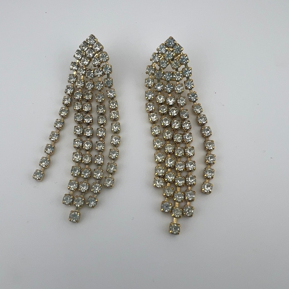 Vintage Rhinestone Waterfall Dangle Earrings Gold Tone Chandelier Statement